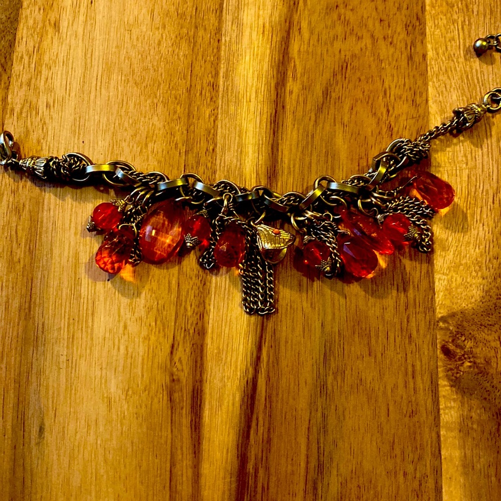 Antique Gold Ankle Bracelet with Beveled Coral Accent Pieces